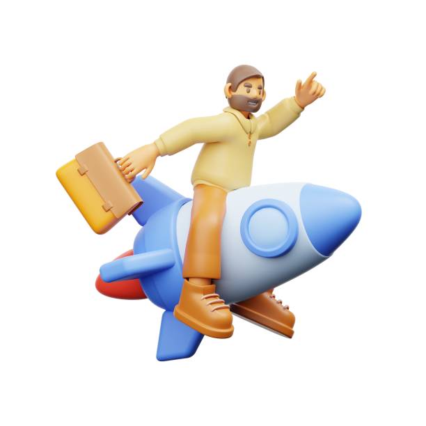 istock 3D model of a male character sitting on the rocket while carrying his suitcase 1432509551