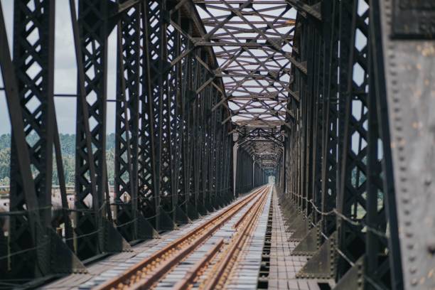 istock Tall steel bridge with a railway over the river 1432510519