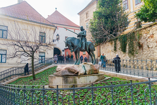 Panoramic of the main square of the town of Trujillo with the statue of Francisco Pizarro and its traditional architecture, Spain