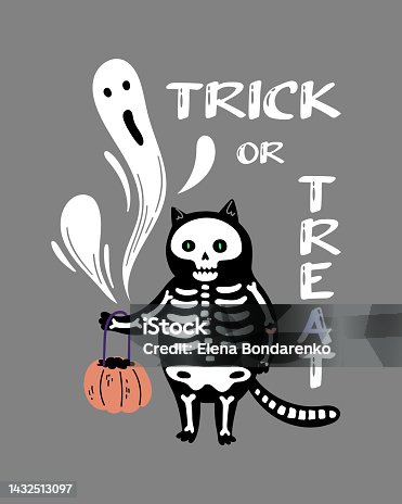 istock Funny cartoon black cat in a skeleton costume with jack's pumpkin and flying ghosts. Hand Drawn Halloween card design. Trick or Treat. 1432513097