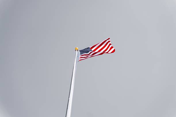 Waving American flag against a gray sky