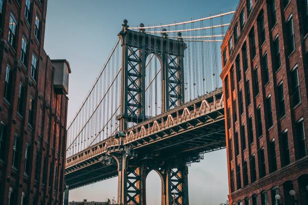 istock Famous Brooklyn Bridge between two buildings against the blue sky 1432514741
