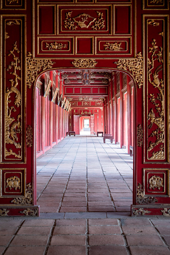 Beautiful architecture of the Imperial Citadel in Hue, Vietnam. Inner hall of the Imperial Citadel of Hue. Architectural photo