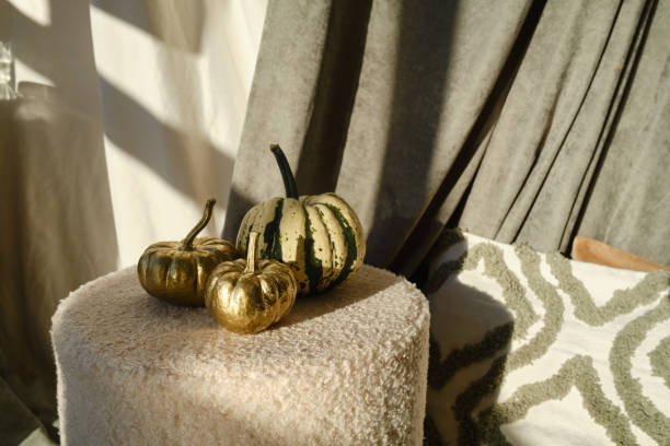 Striped and gold pumpkins on a light background in the sun. Minimalist composition. Halloween, Thanksgiving party concept. Background for blog place for text. Empty space for text stock photo