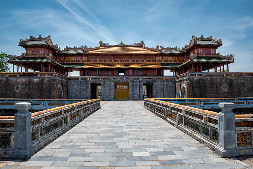 Panoramic view of the Imperial Citadel of Hue. Exterior view of the Imperial Citadel of Hue, Vietnam. Beautiful architecture of the Imperial Citadel of Hue, Vietnam. Architectural photo