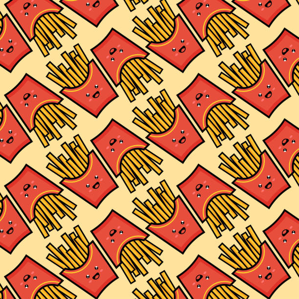 хрустящий картофель фри бесшовный узор с красными бумажными коробками жареного картофеля. - getty stock illustrations