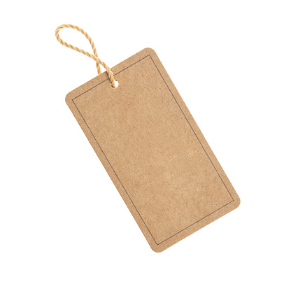 A blank tag tied to hang on a product to display a price or discount. Paper tag isolated on white background.
