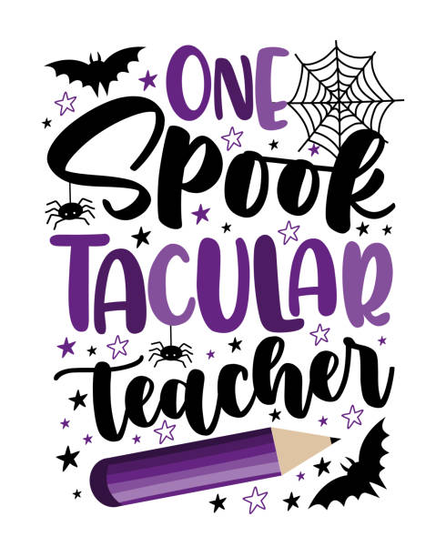 ilustrações, clipart, desenhos animados e ícones de um professor spooktacular - slogan engraçado com bastão, aranha e lápis - bat halloween spider web spooky