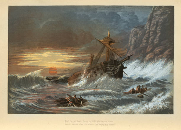 illustrazioni stock, clip art, cartoni animati e icone di tendenza di veliero naufragato sulla costa rocciosa, naufragio, tempesta, mare agitato, vittoriano 19 ° secolo - storm sailing ship sea shipwreck