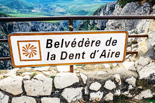 Place name sign at one of the viewpoints on the Route des Cretes at Verdon Gorge, Provence, France. Part of a series featuring all the main viewpoints.