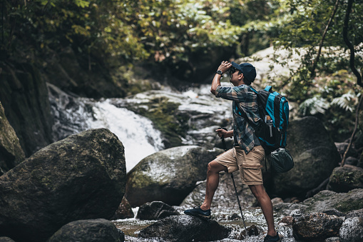 Hikers standing on the rock and use binocular to see animals and view landscape with backpacks and waterfall background in the forest. hiking and adventure concept.