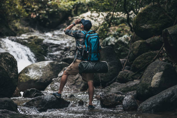 istock Hikers standing on the rock and use binocular to see animals and view landscape with backpacks and waterfall background in the forest. hiking and adventure concept. 1432523737