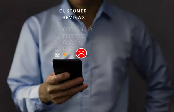 Photo of Customer Review Experience Dissatisfied Selection of 1-star rating reviews with sad faces on smartphone screens. negative feedback concept Unhappy businessman, poor service, or poor quality.