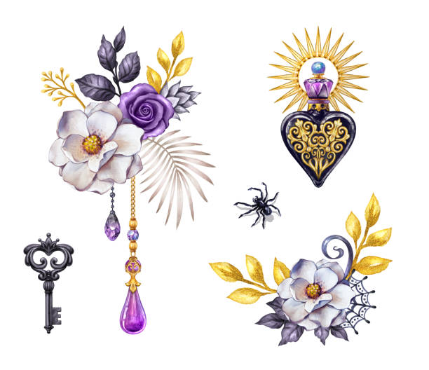 Halloween festive ornaments. Vintage clip art isolated on white background. Witchcraft design elements set: flowers, golden key, purple butterfly, chains and pendants. Halloween festive ornaments. Vintage clip art isolated on white background. Witchcraft design elements set: flowers, jar of poison, black key, spider, chains and pendants clip art of a dead rose stock illustrations