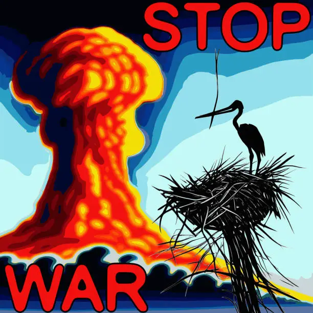 Vector illustration of Stop the war, the crane will build a nest against the backdrop of a nuclear explosion, poster No to War, movement of pacifism