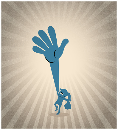 Blue Cartoon Characters Design Vector Art Illustration.
A powerful woman giving a helping hand or gesturing a hand sign of Counting Five.