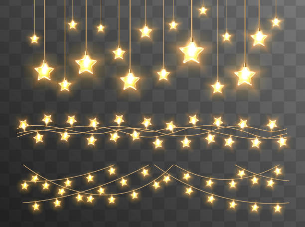 ilustrações de stock, clip art, desenhos animados e ícones de christmas lights on transparent background. - christmas gold christmas lights christmas ornament