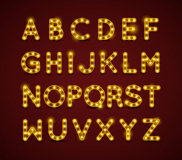 glühbirnenalphabet mit goldenem rahmen auf dunkelrotem hintergrund. - cabaret stock-grafiken, -clipart, -cartoons und -symbole