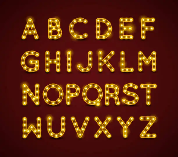 Vector illustration of Light bulb alphabet with gold frame on dark red background.