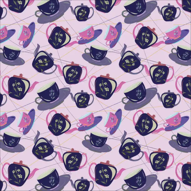 Vector illustration of Seamless pattern of space cadet, super pink, dark blue gray, ash gray color tea cup and saucer with tea kettle on queen pink background. colorful and creative design for textile pattern, wallpaper.