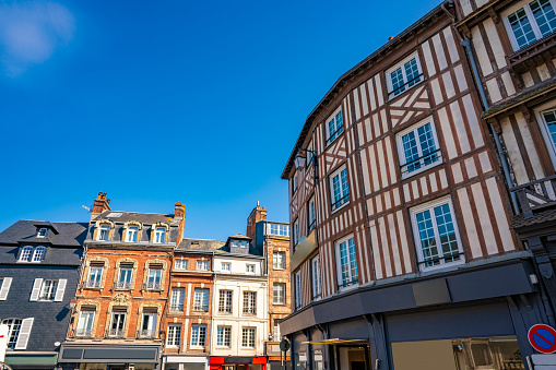 Honfleur city facades in Normandie or Normandy in France. In Calvados department on the southern bank of the estuary of the Seine.