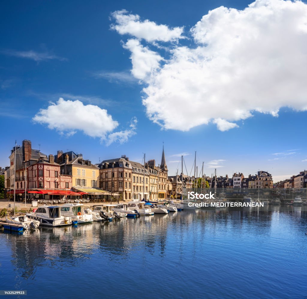 Honfleur city in Normandie or Normandy in Calvados France Honfleur city in Normandie or Normandy in France. In Calvados department on the southern bank of the estuary of the Seine with beautiful old port with slate-covered facades Honfleur Stock Photo
