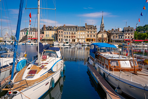 Honfleur city in Normandie or Normandy in France. In Calvados department on the southern bank of the estuary of the Seine with beautiful old port with slate-covered facades