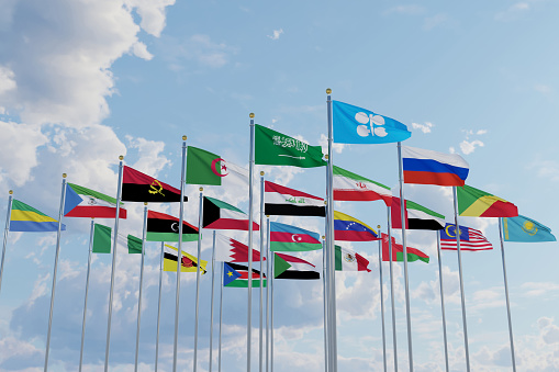 Flags of OPEC Plus countries, 23 countries ,Kingdom Saudi Arabia ,Algeria ,Angola Equatorial ,Guinea, Gabon, Iran ,Iraq ,Kuwait ,Libya ,Nigeria ,Republic of the Congo ,The United Arab Emirates ,Venezuela,Russia