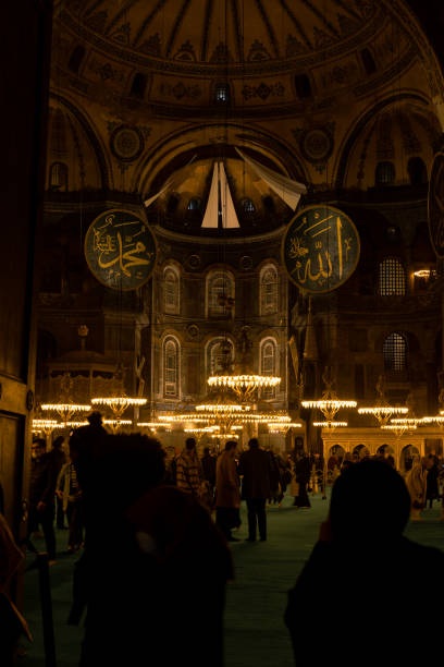 Hagia Sophia with people. Islamic background photo. Istanbul Turkey - 3.27.2022
