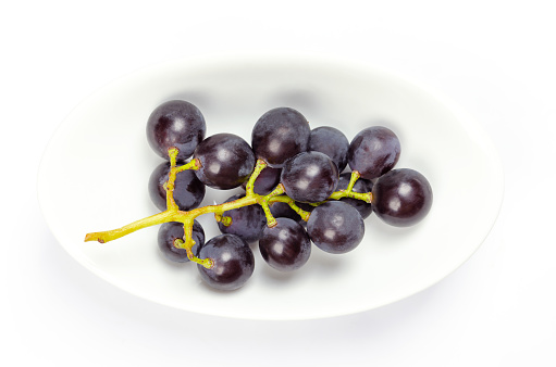 Common grape vines, in a white bowl. Freshly picked vines of ripe wild grapes, Vitis vinifera, with small dark purple grapes, showing a natural epicuticular pale wax bloom. Close up macro food photo.