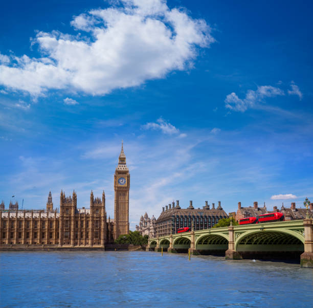 London Big Ben tower and Westminster bridge over Thames river England UK Great Britain, United Kingdom