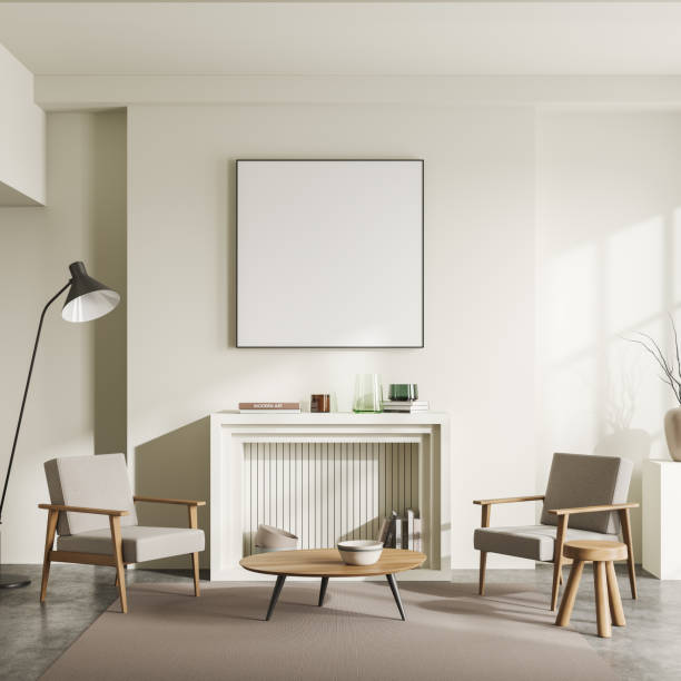 istock Light chill interior with chairs and decoration on fireplace. Mockup frame 1432537137
