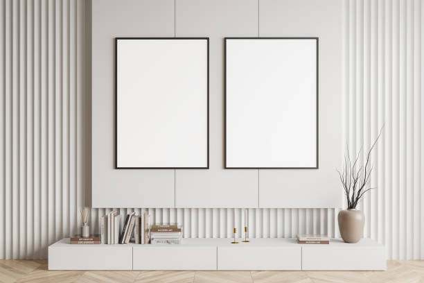 istock Light living room interior with shelf and decoration, mockup frames 1432537621