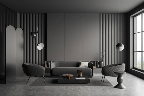 istock Grey relax room interior with couch and chairs, window and empty wall 1432537765