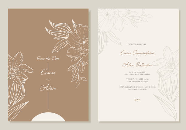 ilustraciones, imágenes clip art, dibujos animados e iconos de stock de invitación de boda minimalista con flores de contorno, en beige. plantilla de diseño de tarjeta rsvp. vector. - wedding card