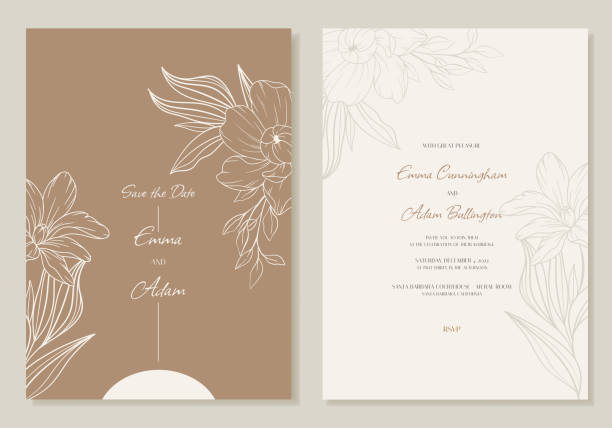 ilustrações de stock, clip art, desenhos animados e ícones de minimalist wedding invitation with outline flowers, in beige. rsvp card design template. vector. - wedding invitation illustrations