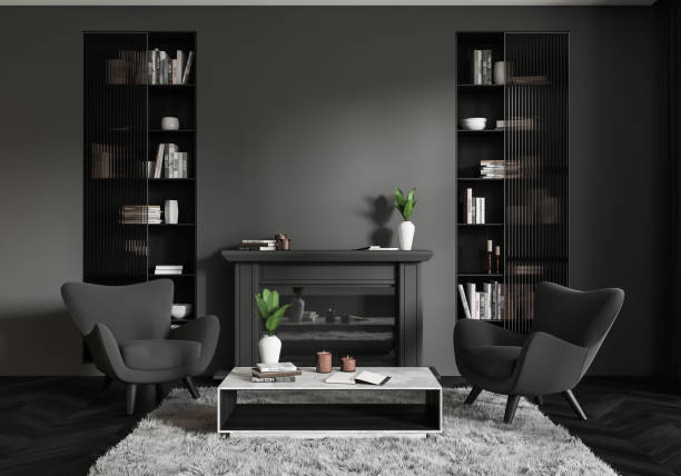 istock Grey chill interior with chairs, fireplace and shelf. Mockup empty wall 1432537909