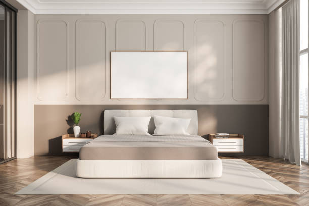 istock Light bedroom interior with bed and nightstand with decoration. Mockup frame 1432538129