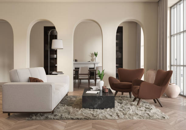 istock Light living room interior with chill and dining area, panoramic window 1432538152
