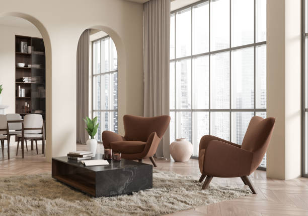 istock Light living room interior with relax and eating zone, panoramic window 1432538167