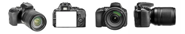 collection of dslr photo cameras with zoom lens in various angles isolated on a white background. - lens camera aperture isolated imagens e fotografias de stock
