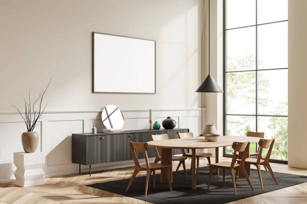 istock Corner view on bright dining room interior with white poster, 1432538482
