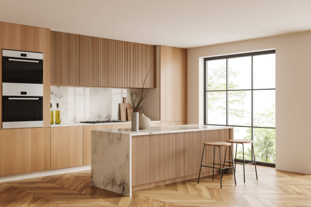 istock Wooden kitchen interior with marble countertop and seats, panoramic window 1432538666