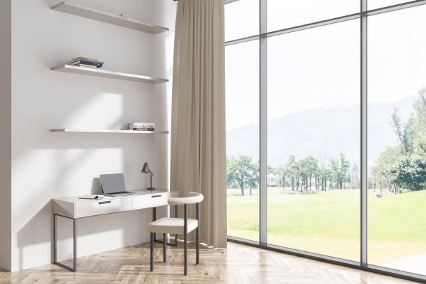 istock Light living room interior with workspace and panoramic window 1432538750