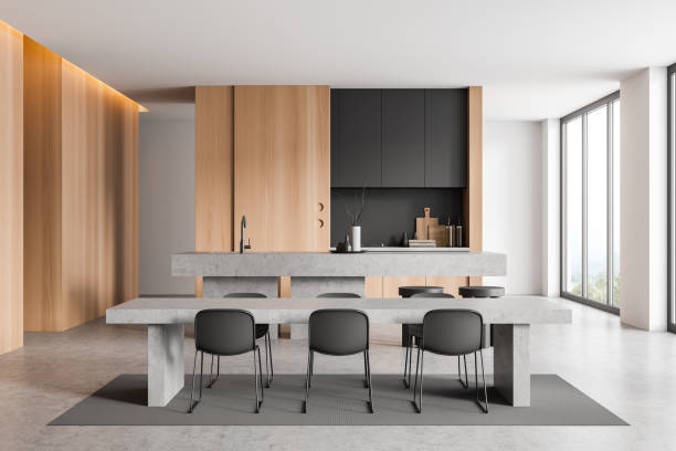 istock Wooden kitchen interior with chairs and table, eating zone and panoramic window 1432538934