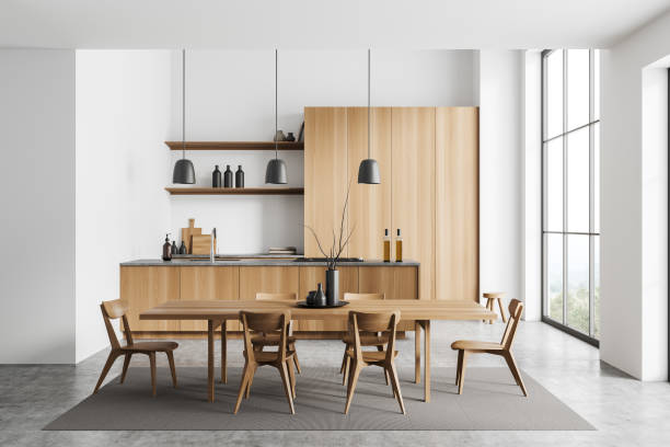 istock Light kitchen interior with table and chairs, cooking and eating area, window 1432539015