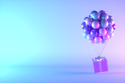 Balloons, Christmas ornaments flying gift box, 3d render