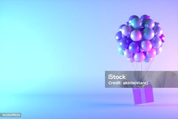 Balloons Christmas Ornaments Flying Gift Box Stock Photo - Download Image Now - Birthday, Purple, Backgrounds