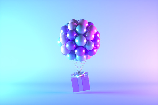 Balloons flying gift box, 3d render