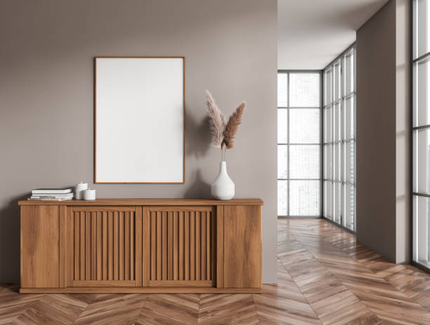 istock Side view on bright living room interior with empty poster 1432539793